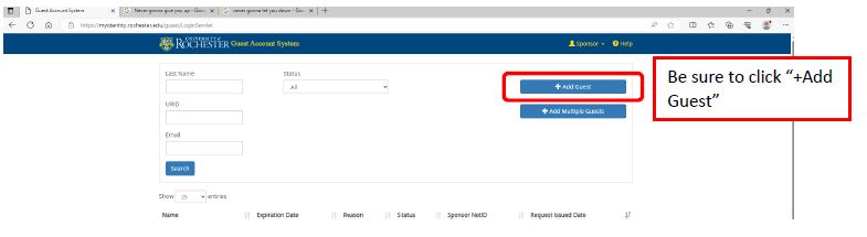 A screenshot of the Guest Account System screen, with a circle around the "+Add Guest" button