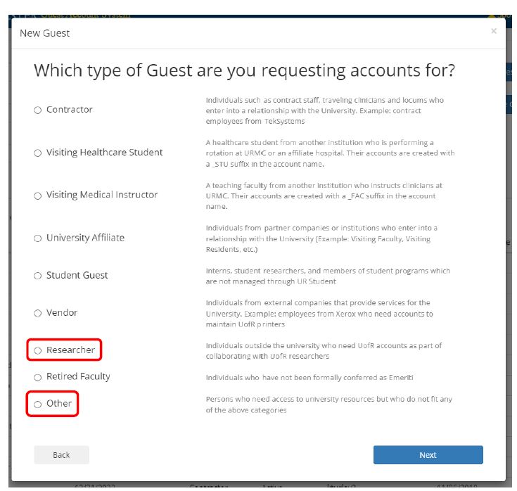 The "Which type of Guest are you requesting accounts for" screen, with the "researcher" and "other" options highlighted