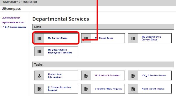 A screenshot of the Departmental Services page in URcompass, with the "My Current Cases" button highlighted
