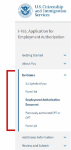 Screenshot of the Evidence menu from the 1-765 application website for 12-month OPT