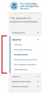 Screenshot of the About You menu from the 1-765 application website for STEM OPT
