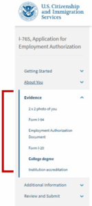 Screenshot of the Evidence menu from the 1-765 application website for STEM OPT