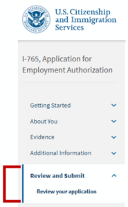 Screenshot of the Review and Submit menu from the 1-765 application website for STEM OPT