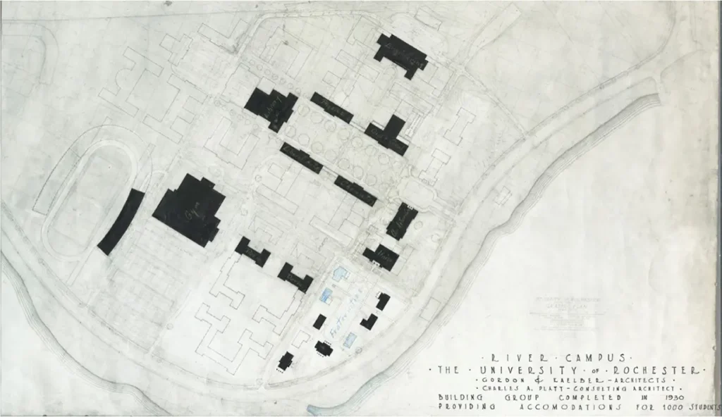 Sketch the proposed locations of University River Campus buildings, designed in 1930 by architecture firm Gordon & Kaelber and Charles A. Platt, consulting architect.