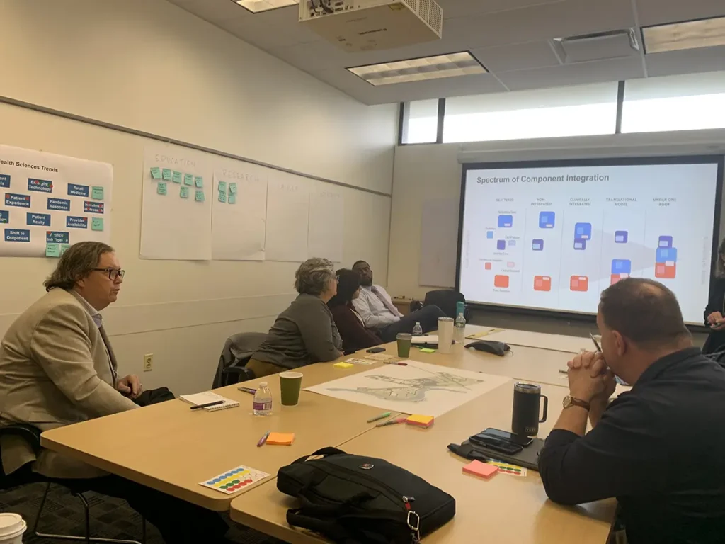 Members of the master planning Executive Committee seated at a conference table with a campus map, sticky notes, and markers viewing a presentation on a screen.