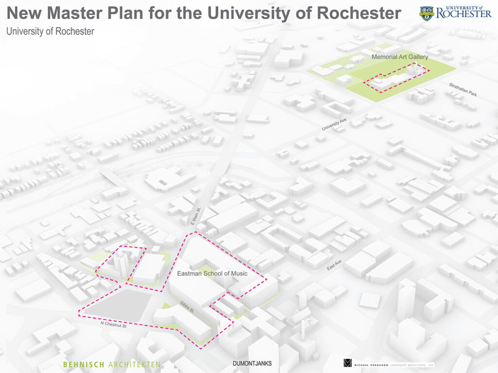 Graphic rendering illustrating the footprints of the Memorial Art Gallery and the Eastman School of Music.