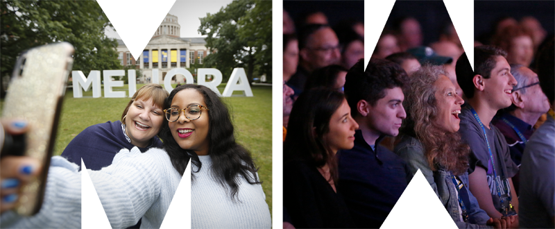 Large MW, within the M, students take a selfie in front of the MELIORA letters, in the W, audience laughs towards stage