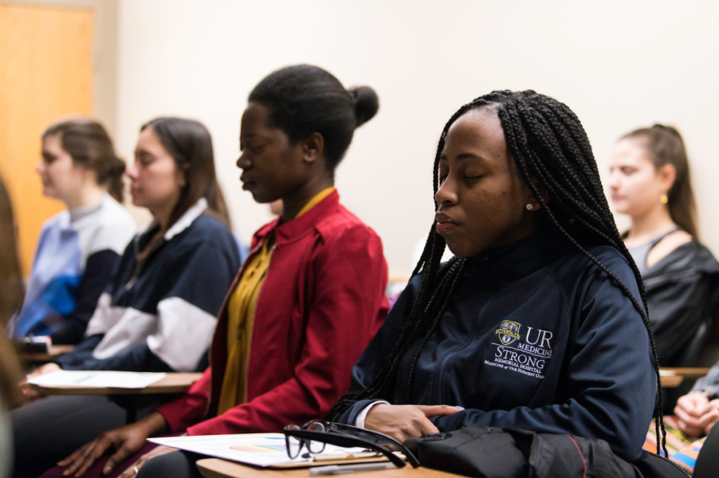 Students practicing mindfullness while in class.