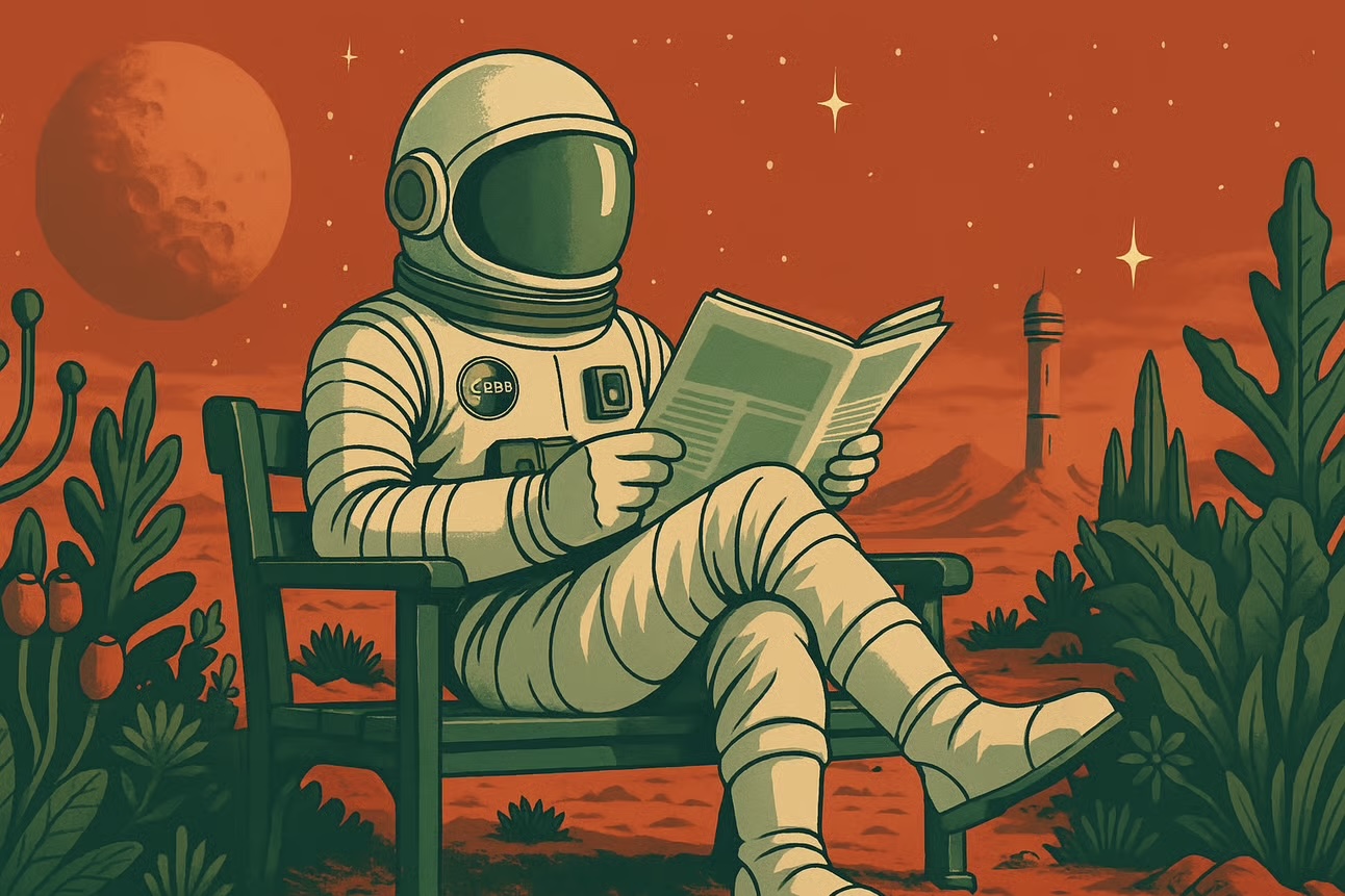 An illustration of an astronaut sitting on a bench reading a newspaper.