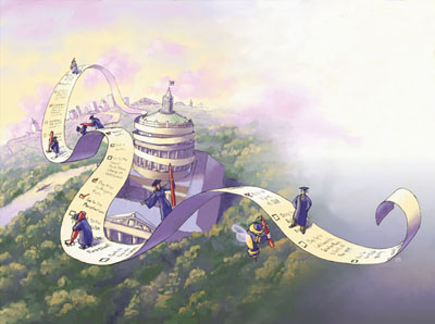 illustration of a list and Rush Rhees Library