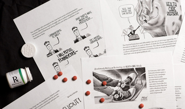 Feature image pills scattered over political cartoons