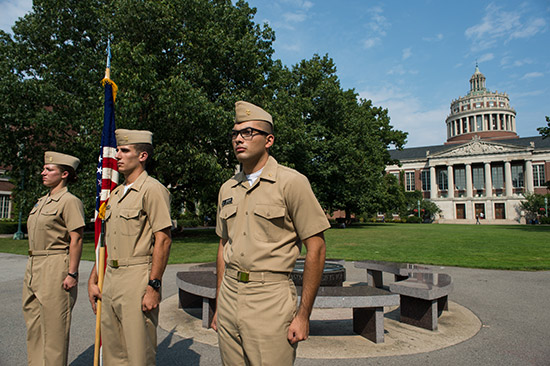 Feature image NROTC students at attention on the quad