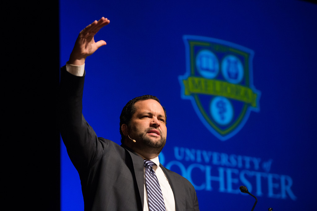Feature image Benjamin Jealous speaks in front of UofR logo
