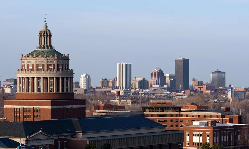 Feature image Rush Rhees Library and the city skyline
