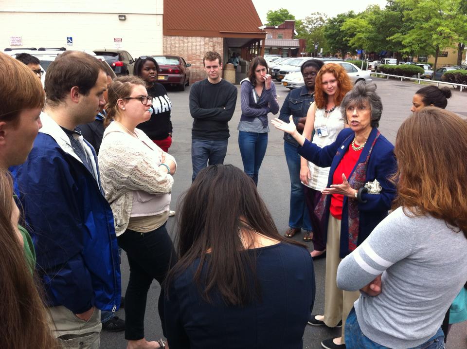 group listening to woman speak