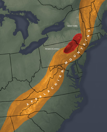 diagram and map of the Appalachian Mountain chain with the volcanic rock highlighted in red