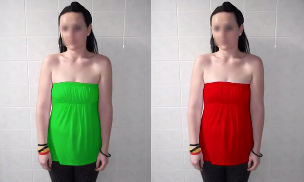 Feature image two photos of the same woman, one with her wearing a green shirt and one with her wearing a red shirt.