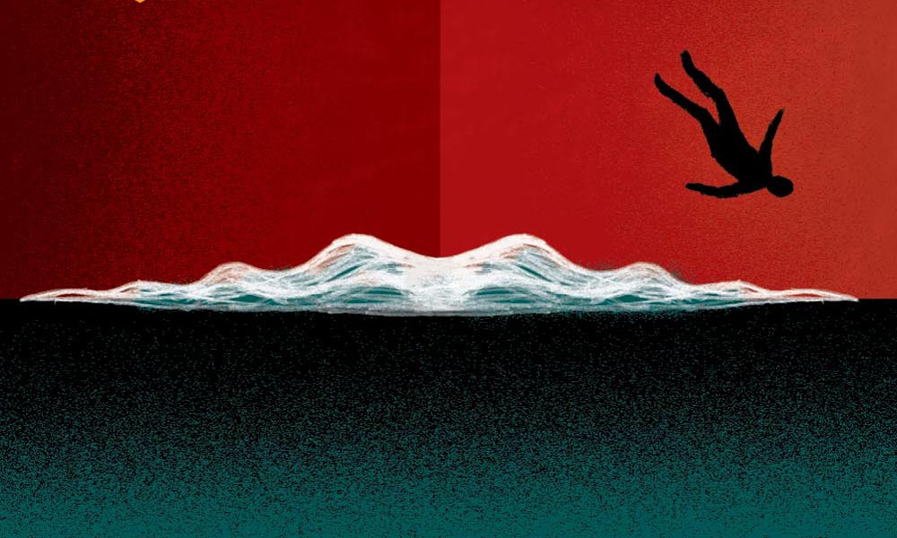 Feature image detail image of abook cover illustration shows the silhouette of a man falling off a boat