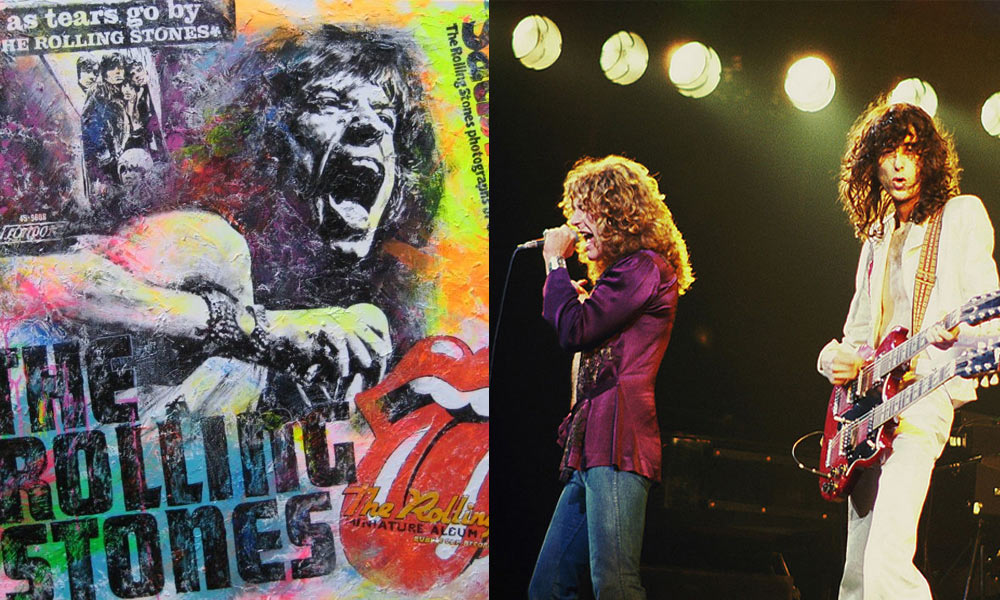 Feature image Rolling Stones album art and Led Zeppelin on stage