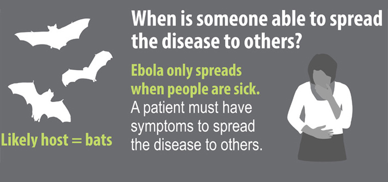 poster from the CDC says, when is someone able to spread the disease to others? Ebola only spreads when people are sick. Bats a likely carriers.