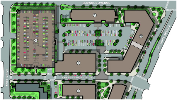 illustrated map of College Town shows building numbers. Building 3 is located north of Celebration Drive, behind Building 1