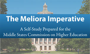Feature image Photo of Rush Rhees library overlaid with 'The Meliora Imperative - a self-study prepared for the Middle State Commission on Higher Education'