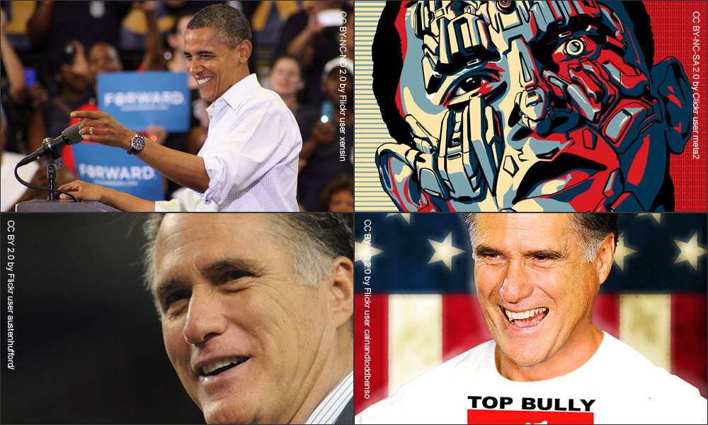 Feature image collage of four images of Barack Obama and Mitt Romney, two showing each in a positive light and two in a negative light