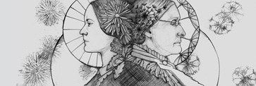 detail of a mural paiting featuring two women, including Susan B. Anthony