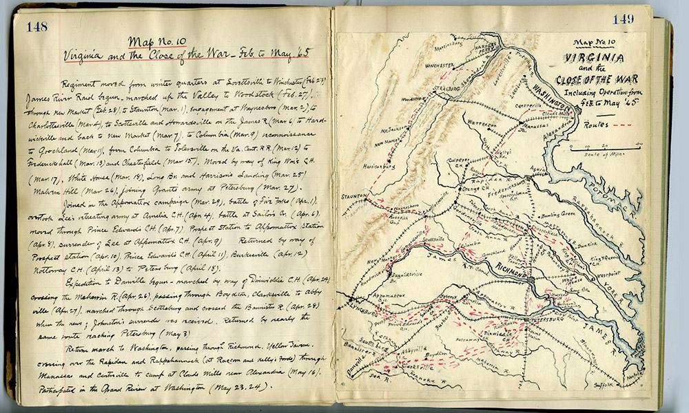 Feature image photo of a 19th century handwritten diary with a hand drawn map of Virgina