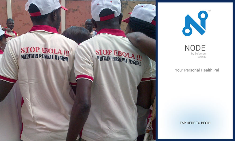Image showing people wearing Stop Ebola t-shirts and a capture of the main page of the Node app