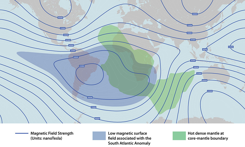 map illustration shows the low magentic surface field associated with the South African Anomoly