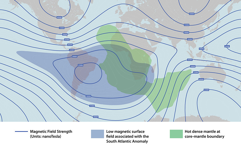 Feature image map illustration shows the low magentic surface field associated with the South African Anomoly
