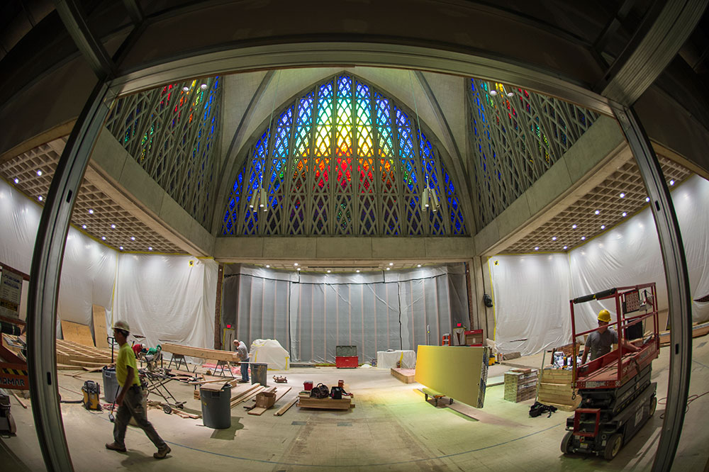 Feature image fish-eye lens view of construction work in the chapel