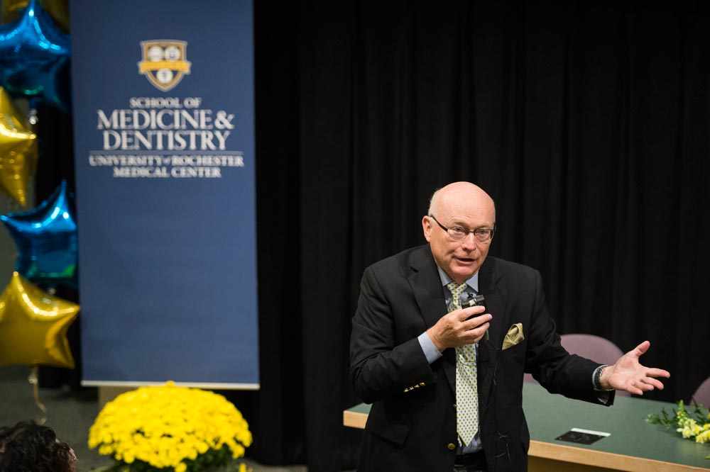 Jack Rowe '70 (MD), '02 (Honorary), the Julius B. Richmond Professor of Health Policy and Aging at Columbia University's Mailman School of Public Health and former executive chairman and past chairman and CEO at Aetna, answers questions after his MED Talk presentation.