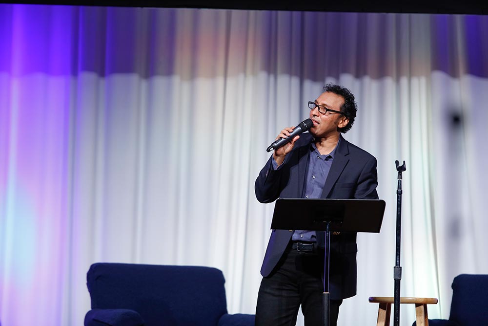 Award-winning actor, comedian, author, and Comedy Central's The Daily Show correspondent Aasif Mandvi described himself as a turducken--"An Indian baby wrapped in a British schoolboy wrapped in an American adult"--during a presentation in which he shared stories of his life with an audience in the Palestra.