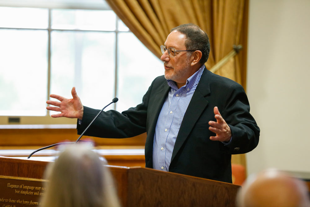 University Trustee Mark Ain ’67S (MBA) speaks at the ceremony to dedicate the Ain Center for Entrepreneurship, named in recognition of the support of Ain and his wife, Carolyn.