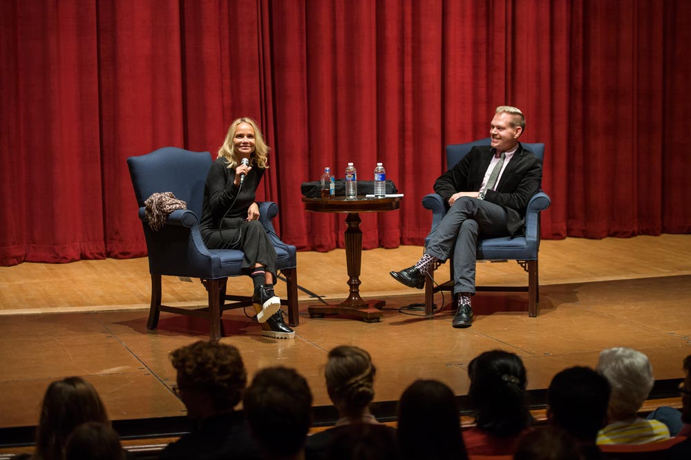 Tony and Emmy Award winner Kristin Chenoweth (left) took part in a Q&A session with Eastman School students as part of her performance during Meliora Weekend. She was joined by Stephen Carr, assistant professor of voice and opera.