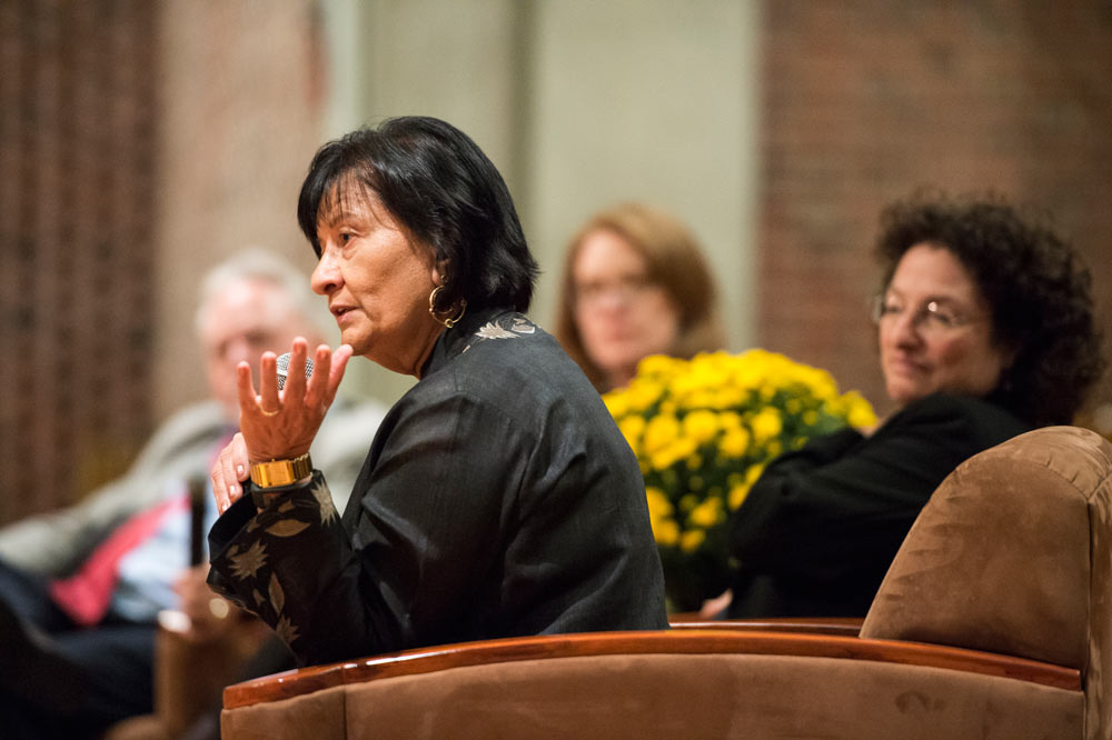 Tasneem Ismailji '74M (Res), cofounder and board chair of Academy on Violence and Abuse, answers a question during the Annual Stanton-Anthony Conversations. She was joined on the panel by David Corwin, a professor in the University of Utah's pediatrics department, Jamie Saunders, chief executive officer of the Willow Domestic Violence Center; Diane Morse, director of the Women’s Initiative Supporting Health (WISH) Clinic, and Catherine Cerulli, director of the Susan B. Anthony Center. The panel focused on "Domestic Violence and Health: Considerations Across the Lifespan.