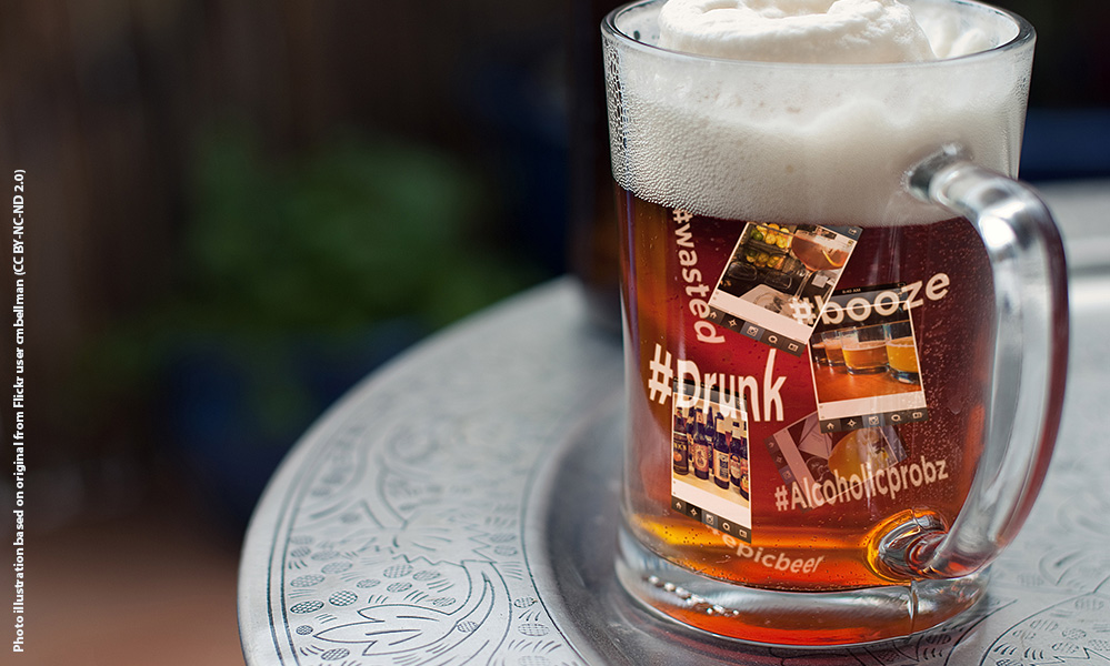 Feature image beer mug with Instagram photos floating in it and hashtags like booze, drunk, and alcoholicproz