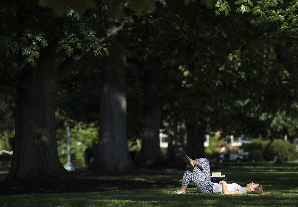 Feature image girl reclines on the quad with a book on a sunny day