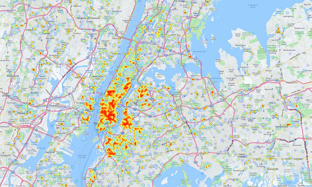 Feature image a heat map of New York City showing concentration of twitter activity about drinking