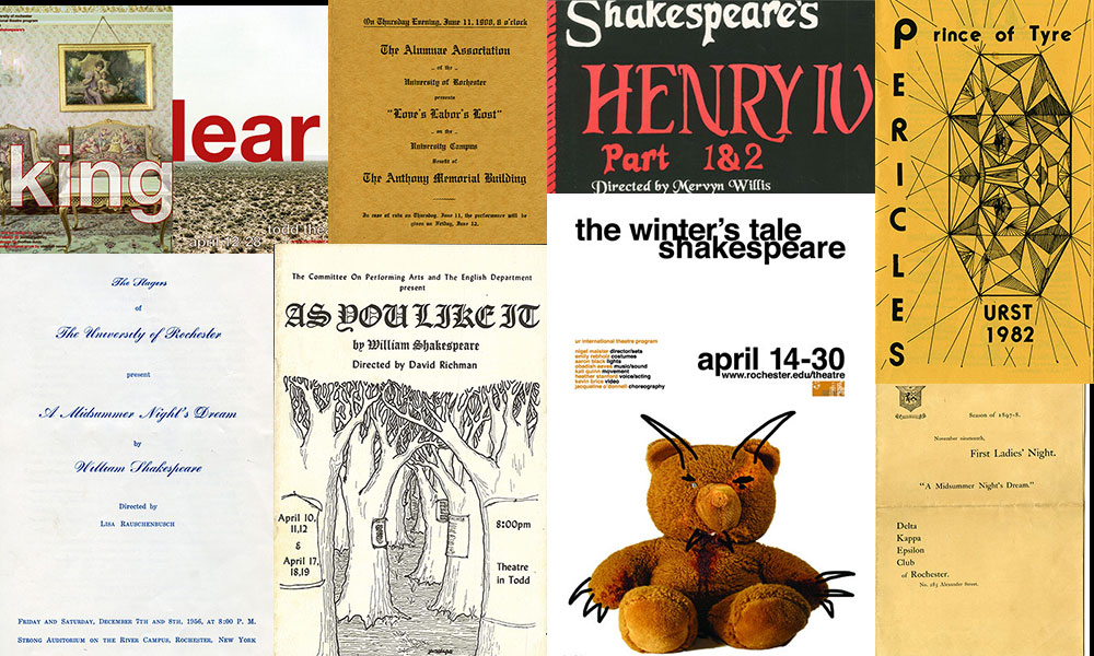 Feature image collage with a dozen different playbills from Shakespeare productions