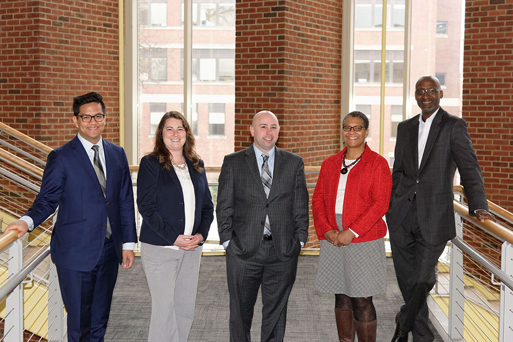 The Hajim School Undergraduate Academic Support team includes: (from left) Alvin Lomibao, Kelly Johnson, Nick Valentino, Lisa Norwood, and Rohan Palma.