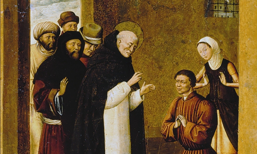 detail from book cover shows religious painting of saint