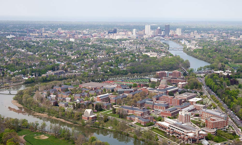 Feature image aerial view of the University and downtown Rochester