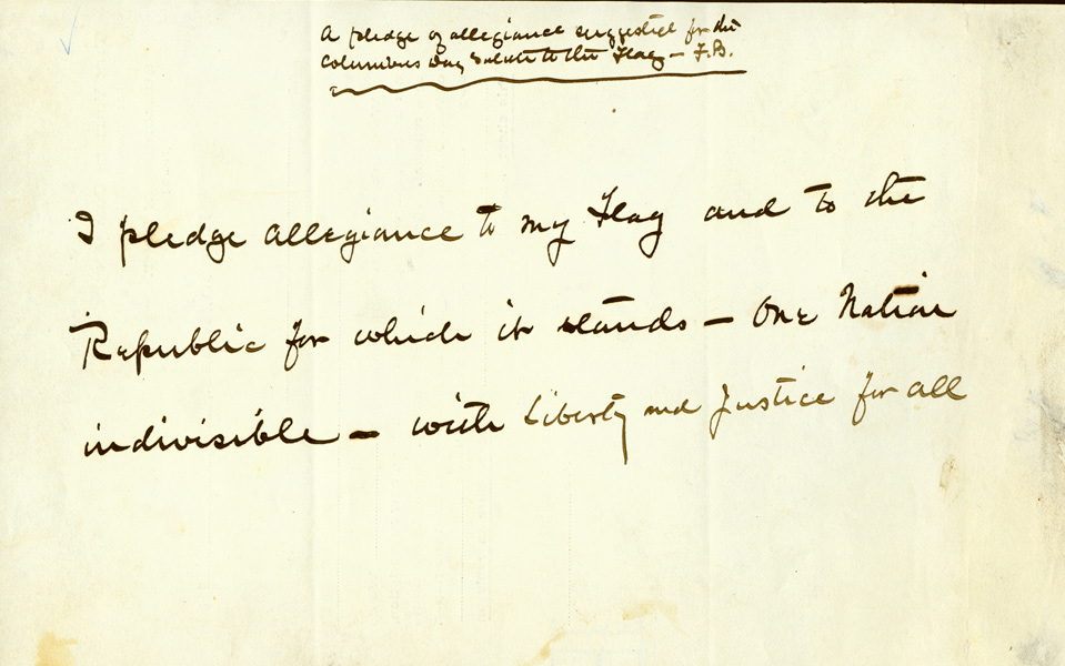 historical image of handwritten text of Pledge of Allegiance