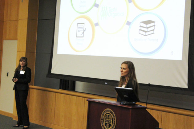 Mikalya Hart '17S (MBA), far right, and Tashi Organics partner Kari Wozniak present their business plan on Friday.