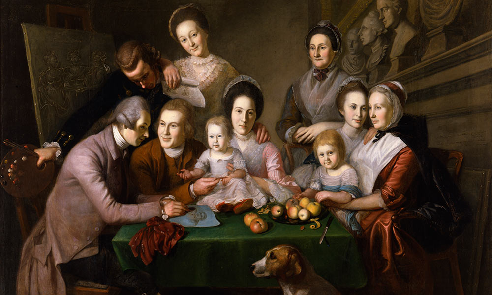 Feature image painting of a family in the mid-19th century around a dinner table