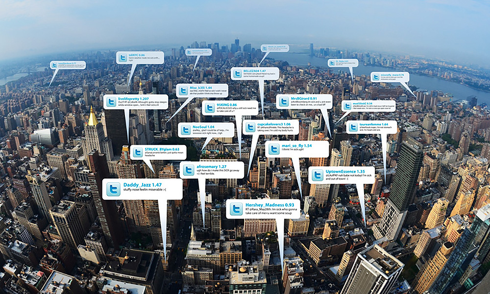 Feature image cutouts of tweets floating above a view of New York City