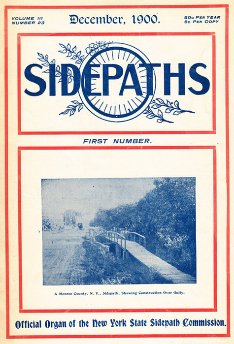 Magazine cover of Sidepaths, showing a sidewalk being constructed over a gully in Monroe County
